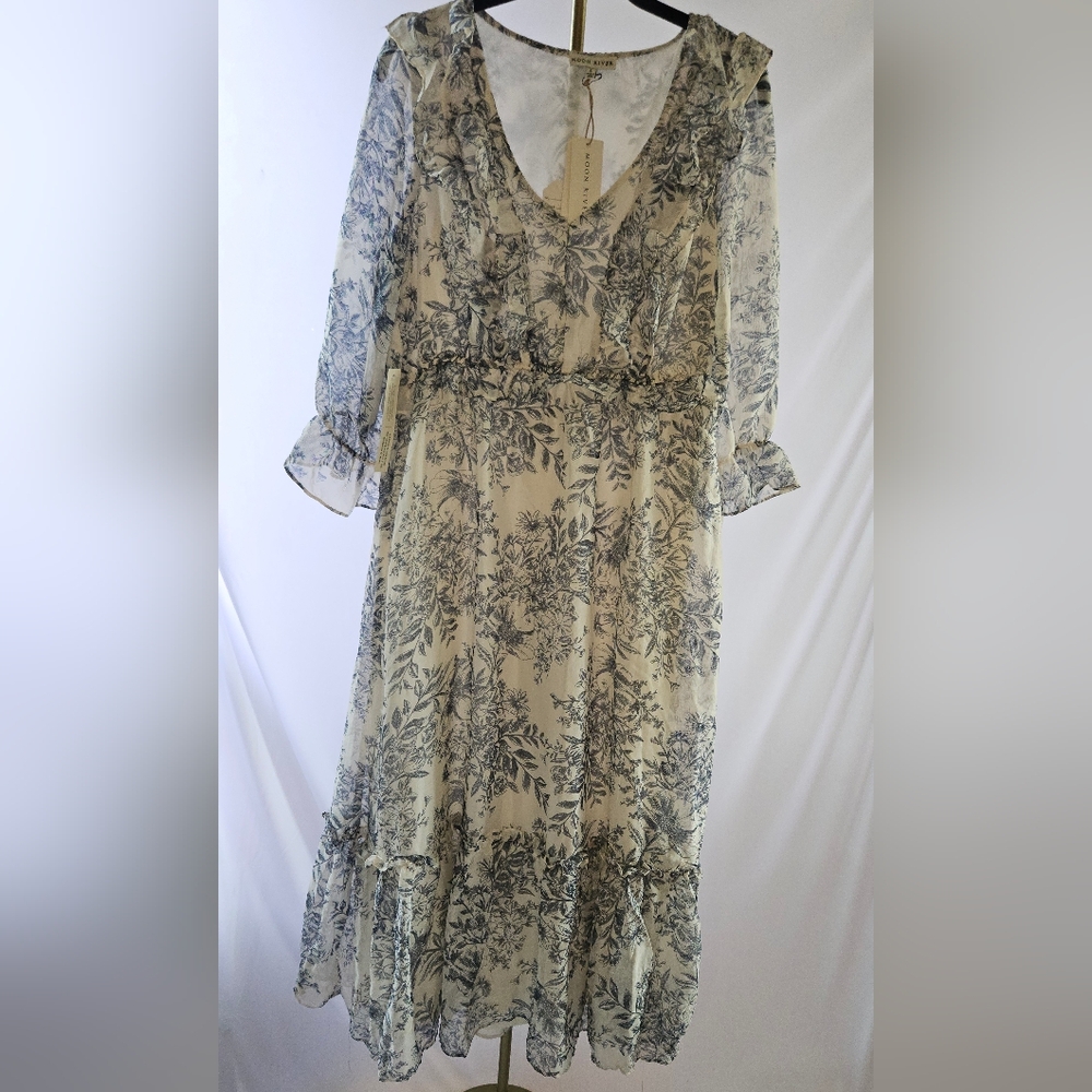 Moon River Ruffled Floral Smocked Midi Dress - Blue/Cream